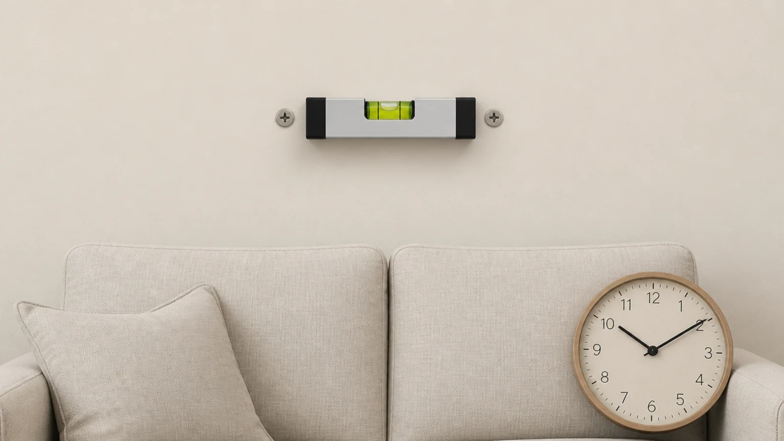 spirit level bridging two screws above a sofa back cushion