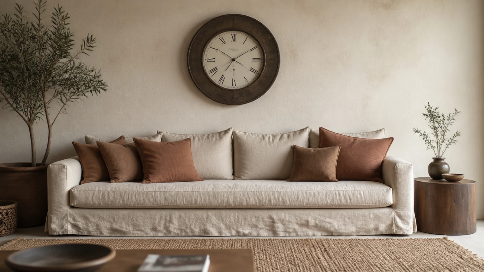wall clock planned and hung centrally above a long linen sofa