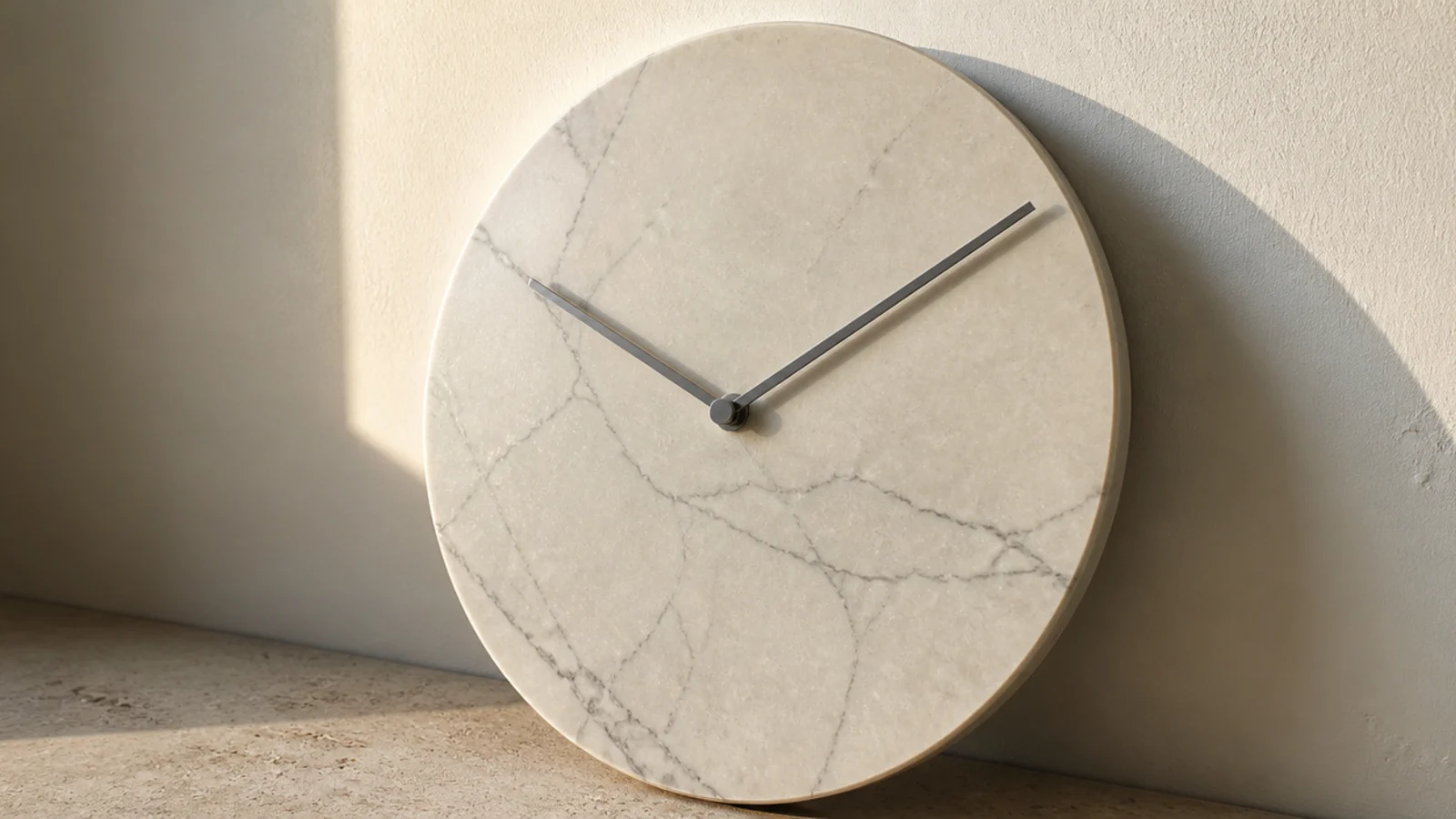 honed pale stone clock face with soft irregular grey veining