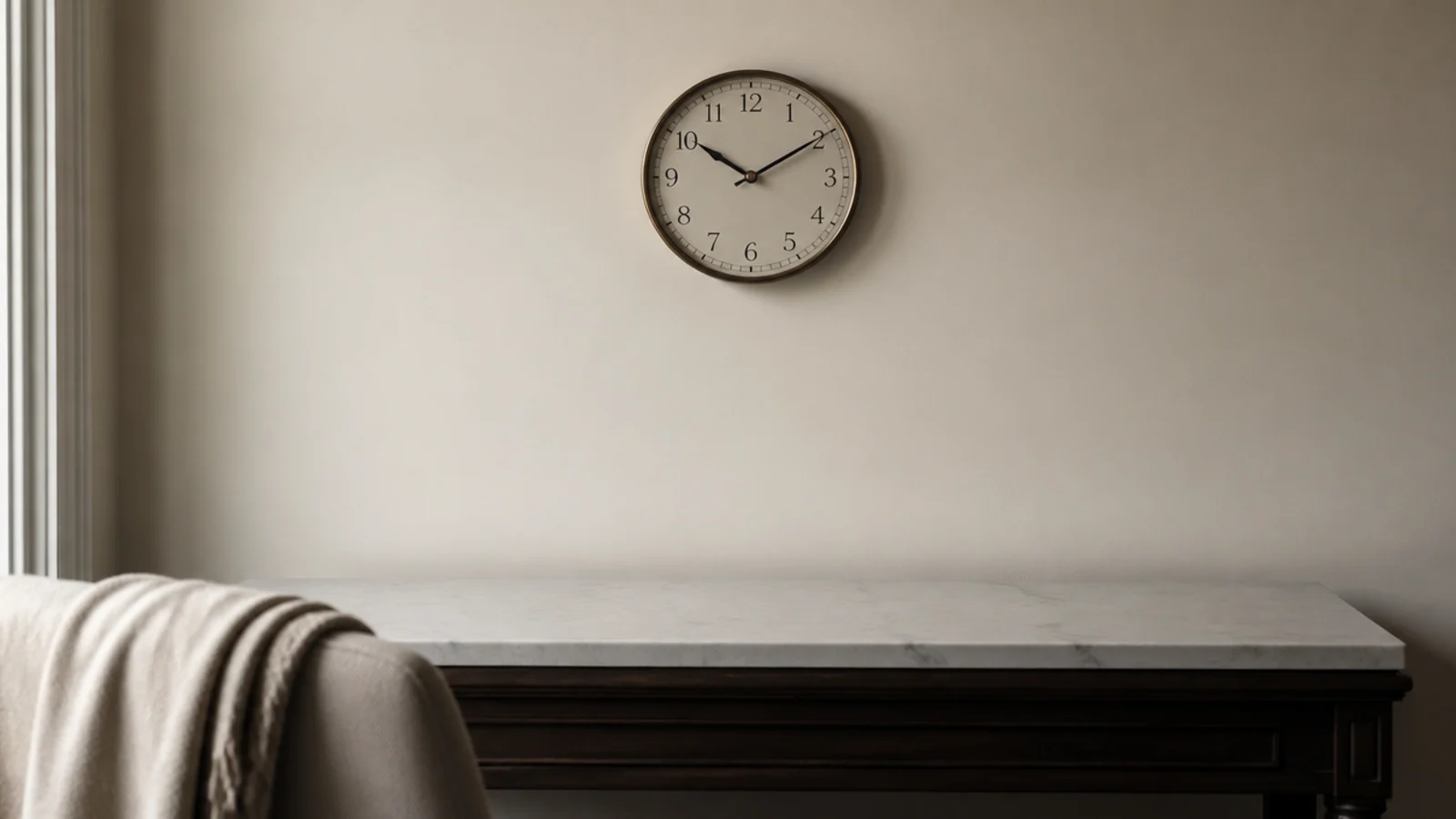 bare plaster wall holding only a clock above an empty console