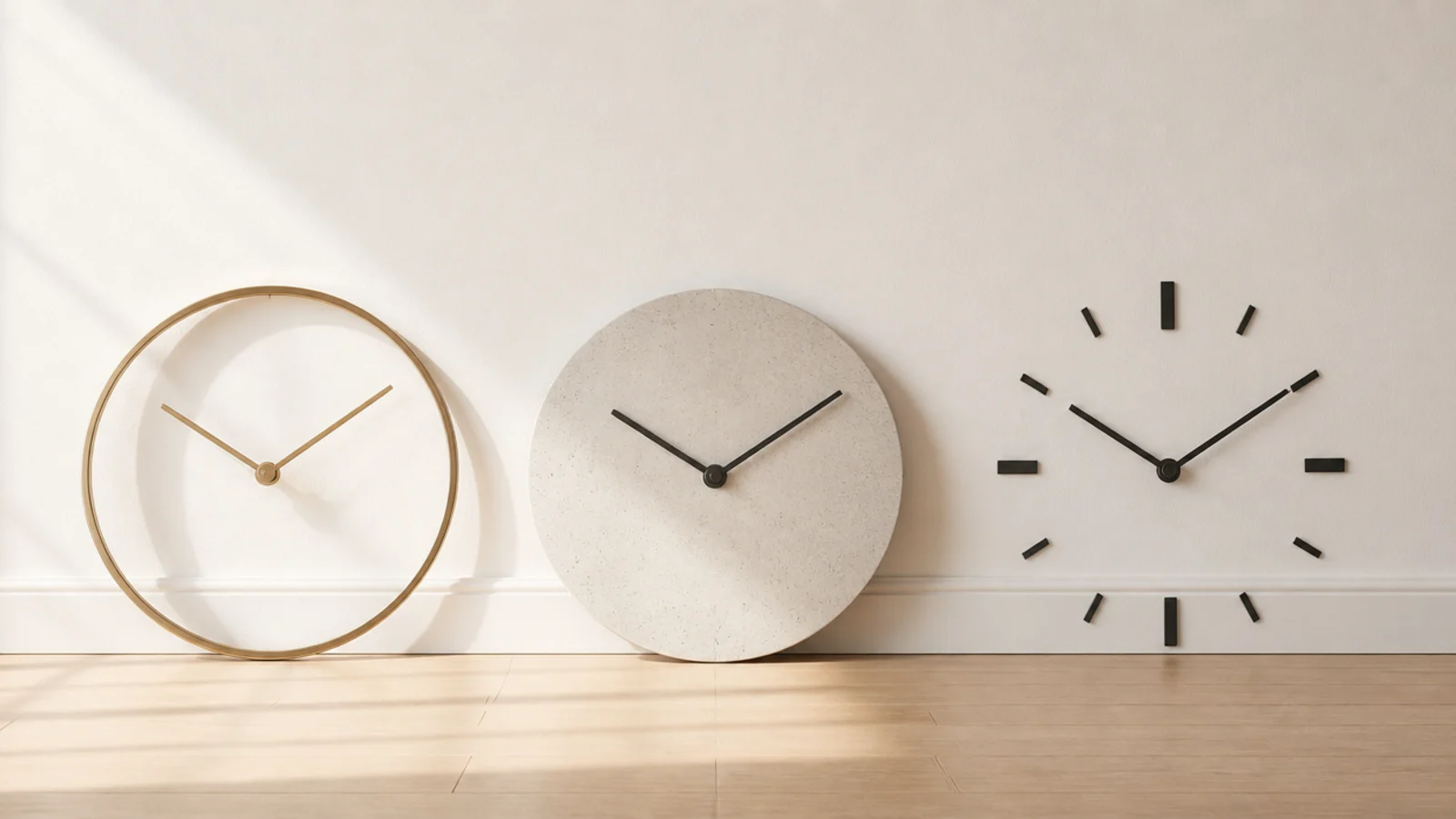 three modern clock outlines compared against a bare plaster wall