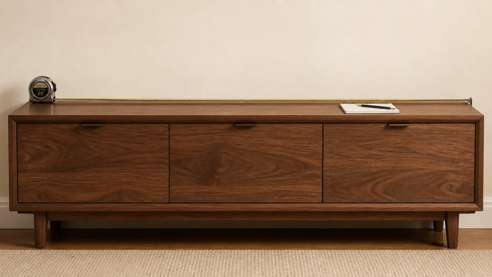 tape measure stretched along the top rail of a low sideboard
