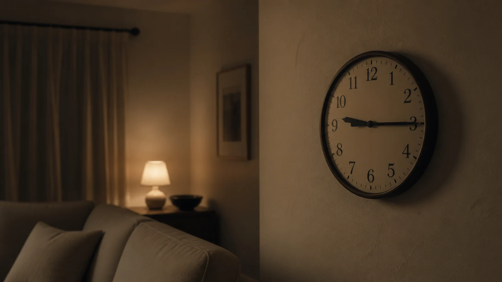 clock held against the wall in a quiet unlit evening room