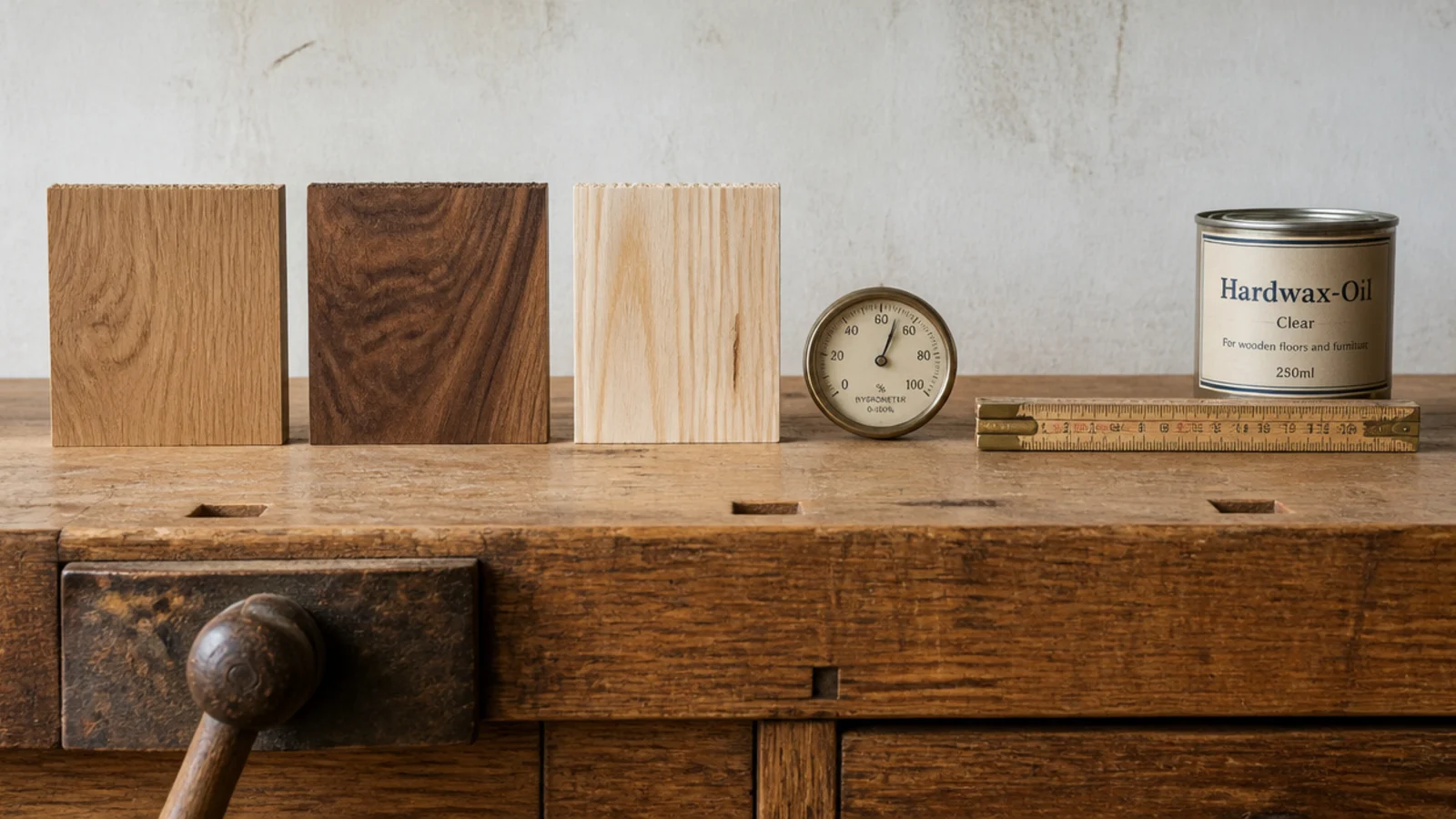 three timber samples laid out beside a hygrometer on a bench