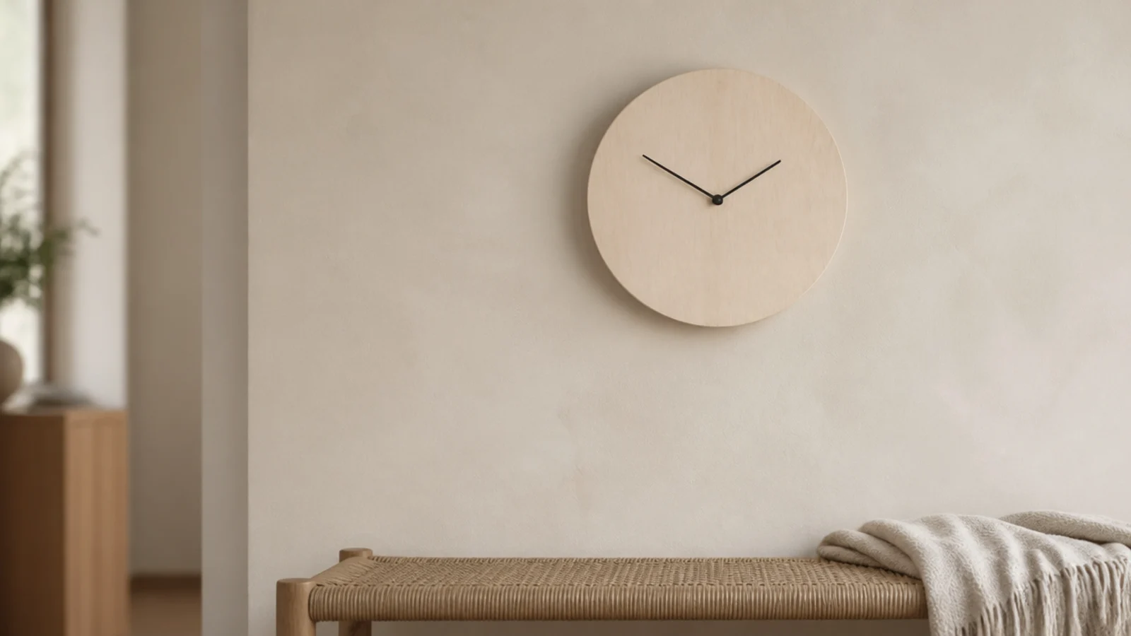 pale maple clock face almost white against a cream plaster wall