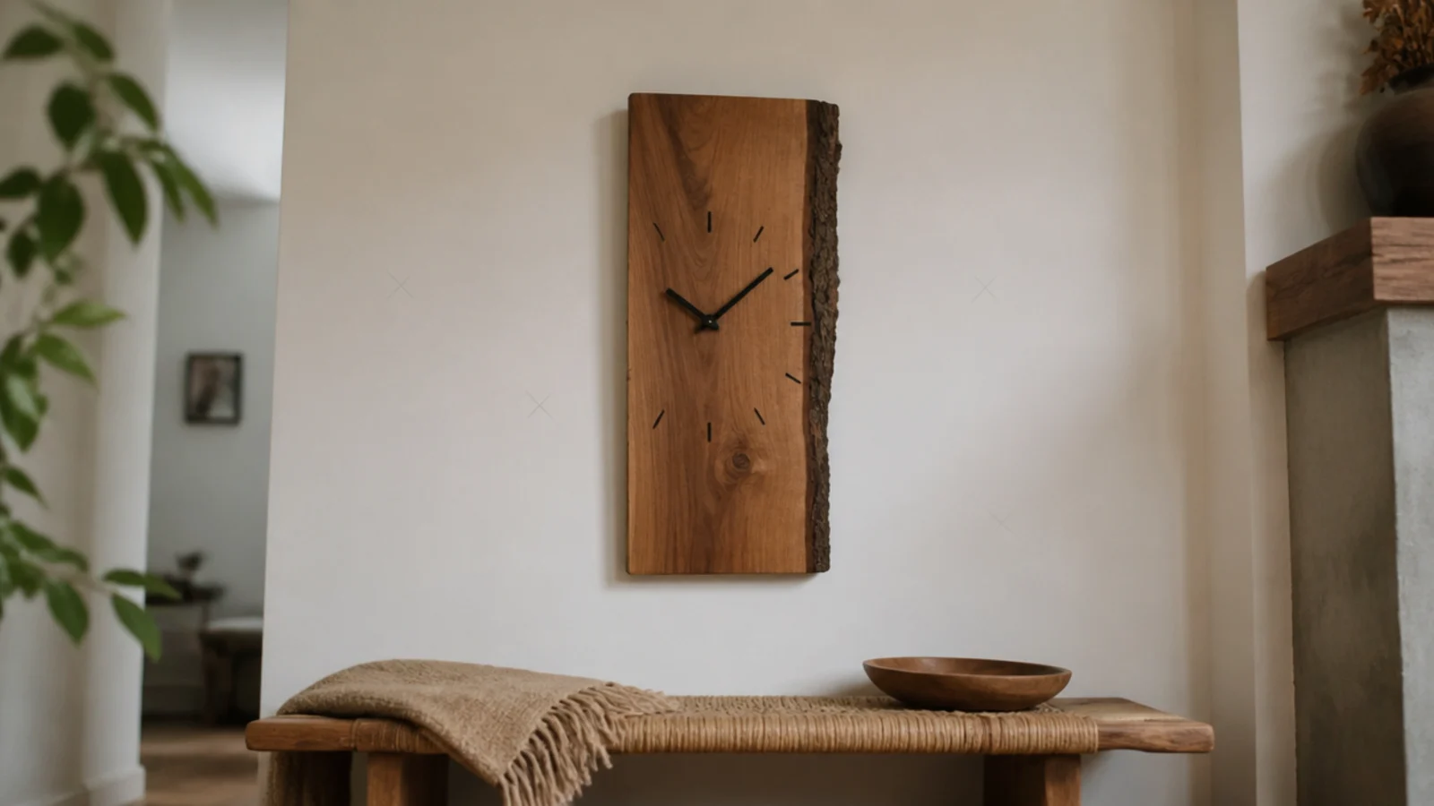 live edge timber slab clock with natural bark line down one side