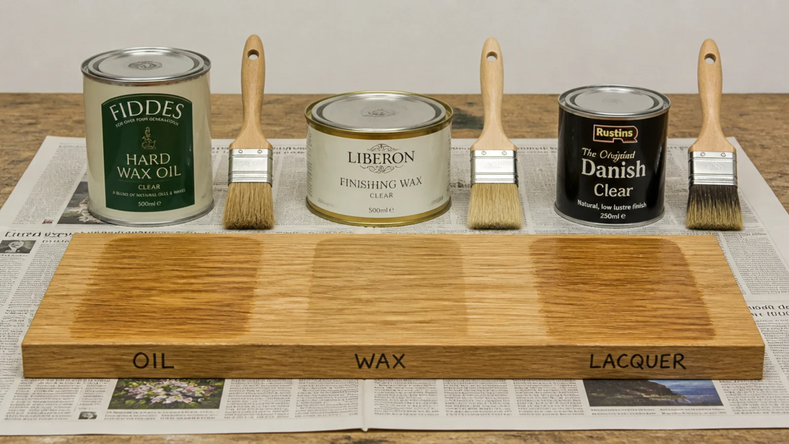 three finish samples brushed across one long oak test board