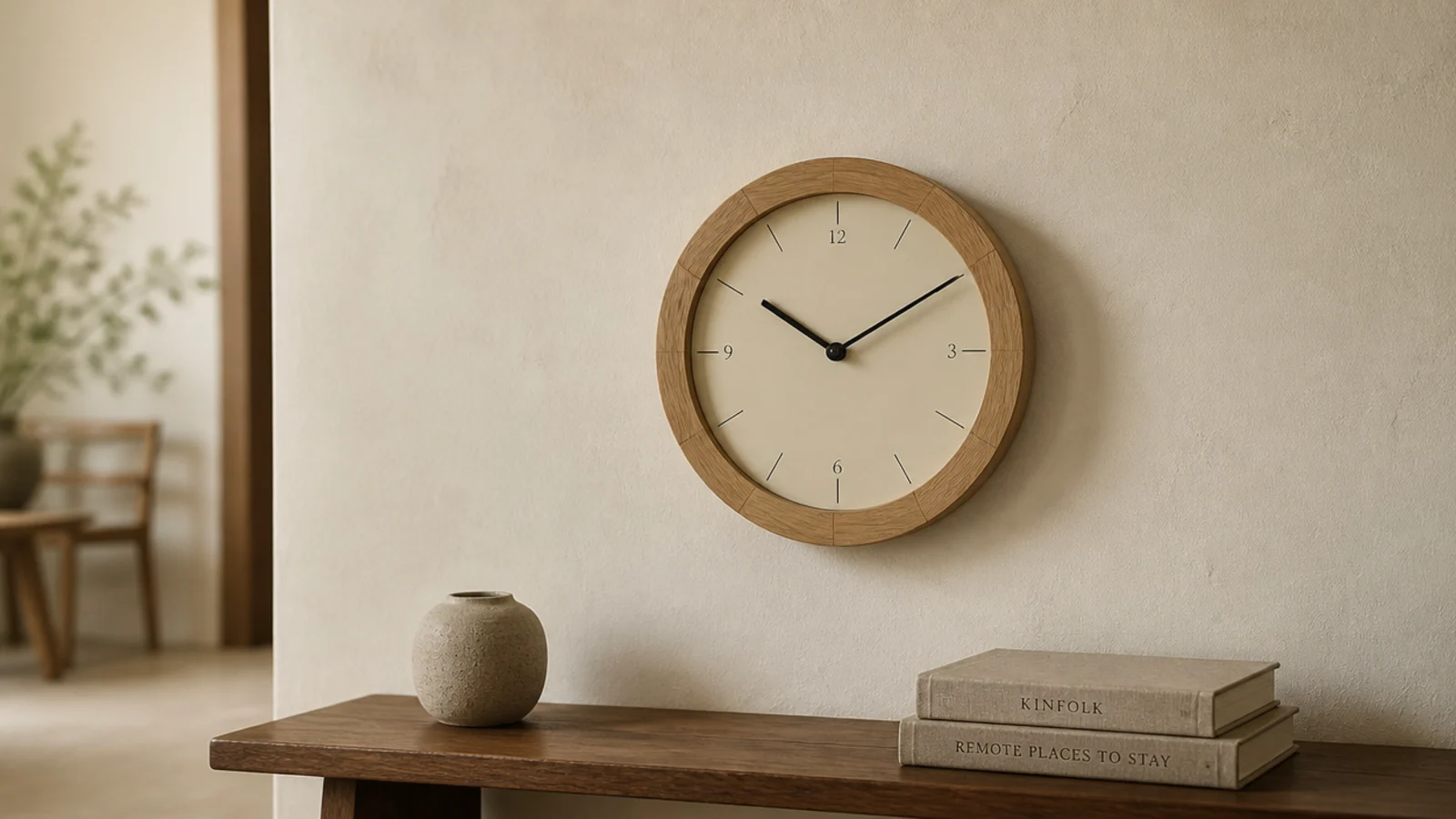 wood wall clock in warm oak with a mitred rim on pale plaster