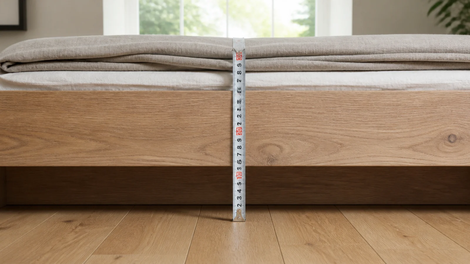 tape measure held from floorboards to the top of a low bed base