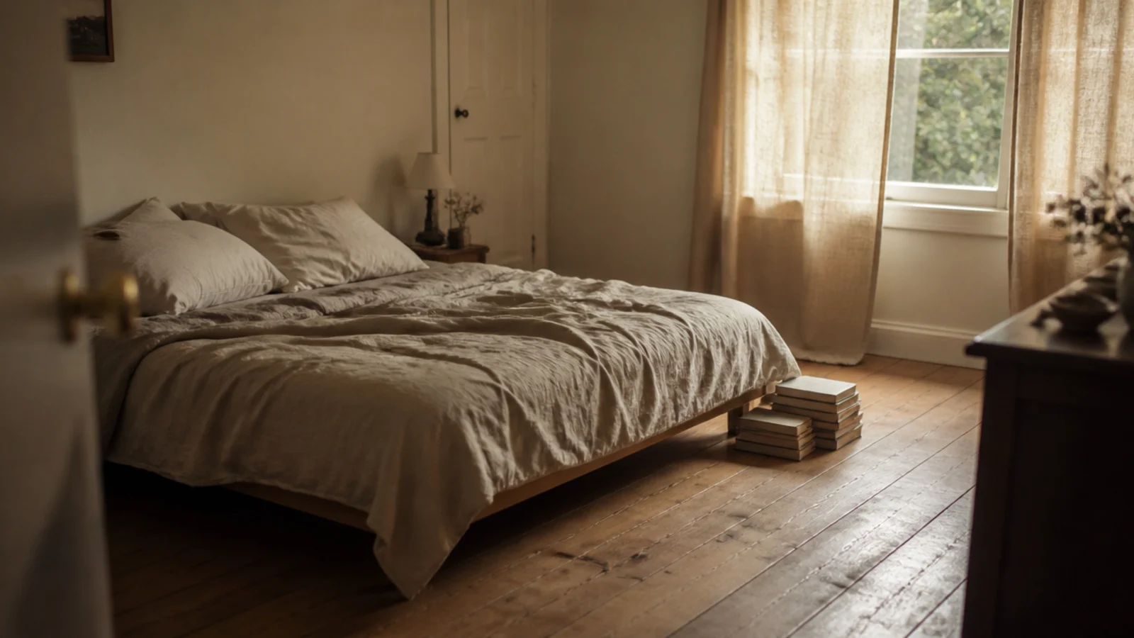 wide oak boards in a headboard free bedroom with rumpled linen