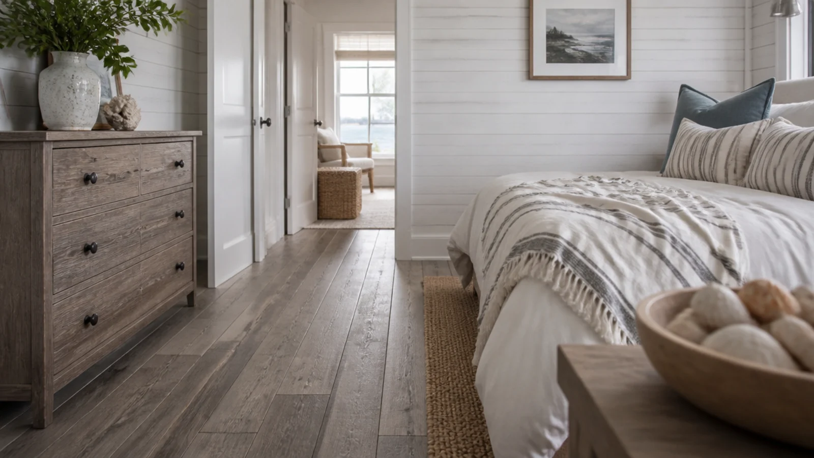 driftwood grey planks in a coastal bedroom with whitewashed walls
