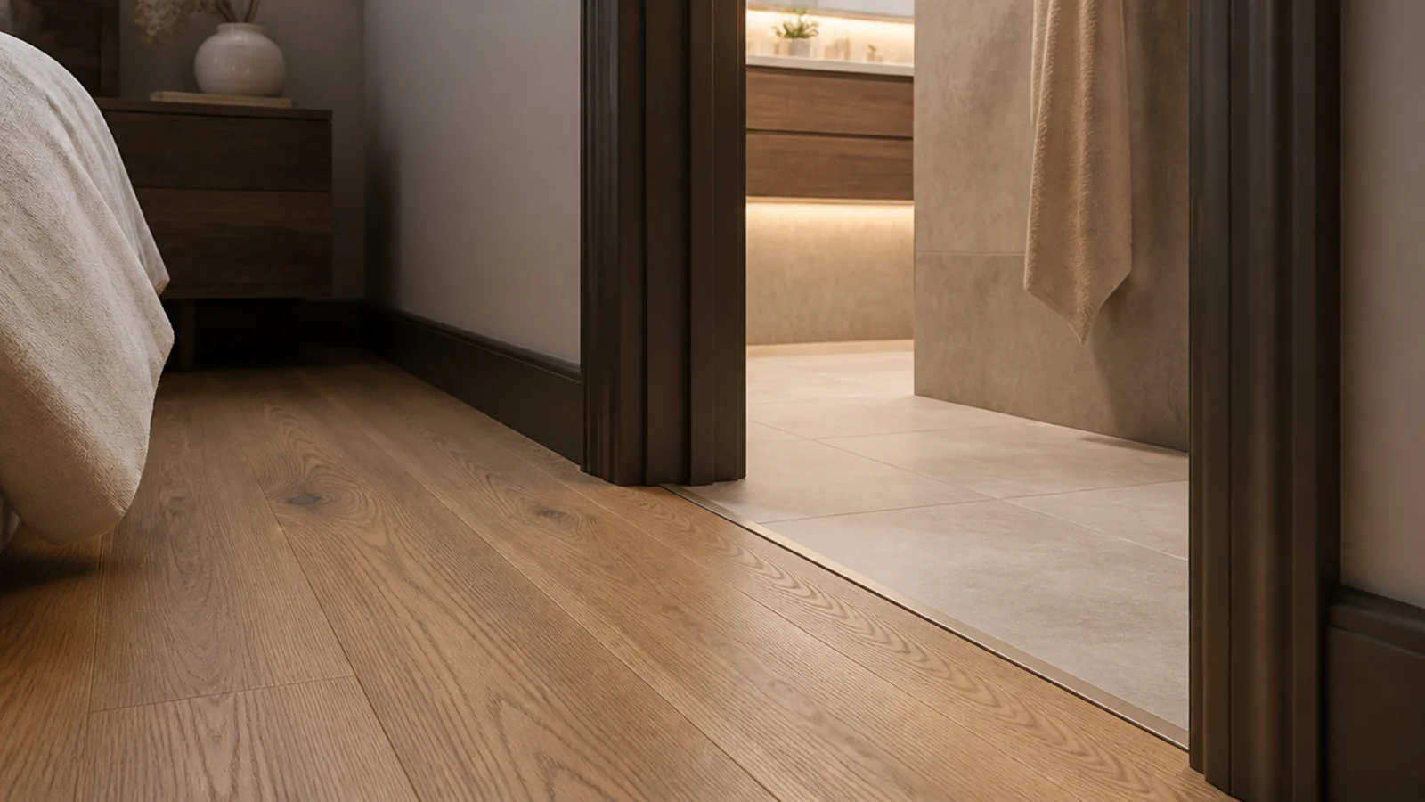 timber bedroom boards ending at a tiled ensuite threshold strip
