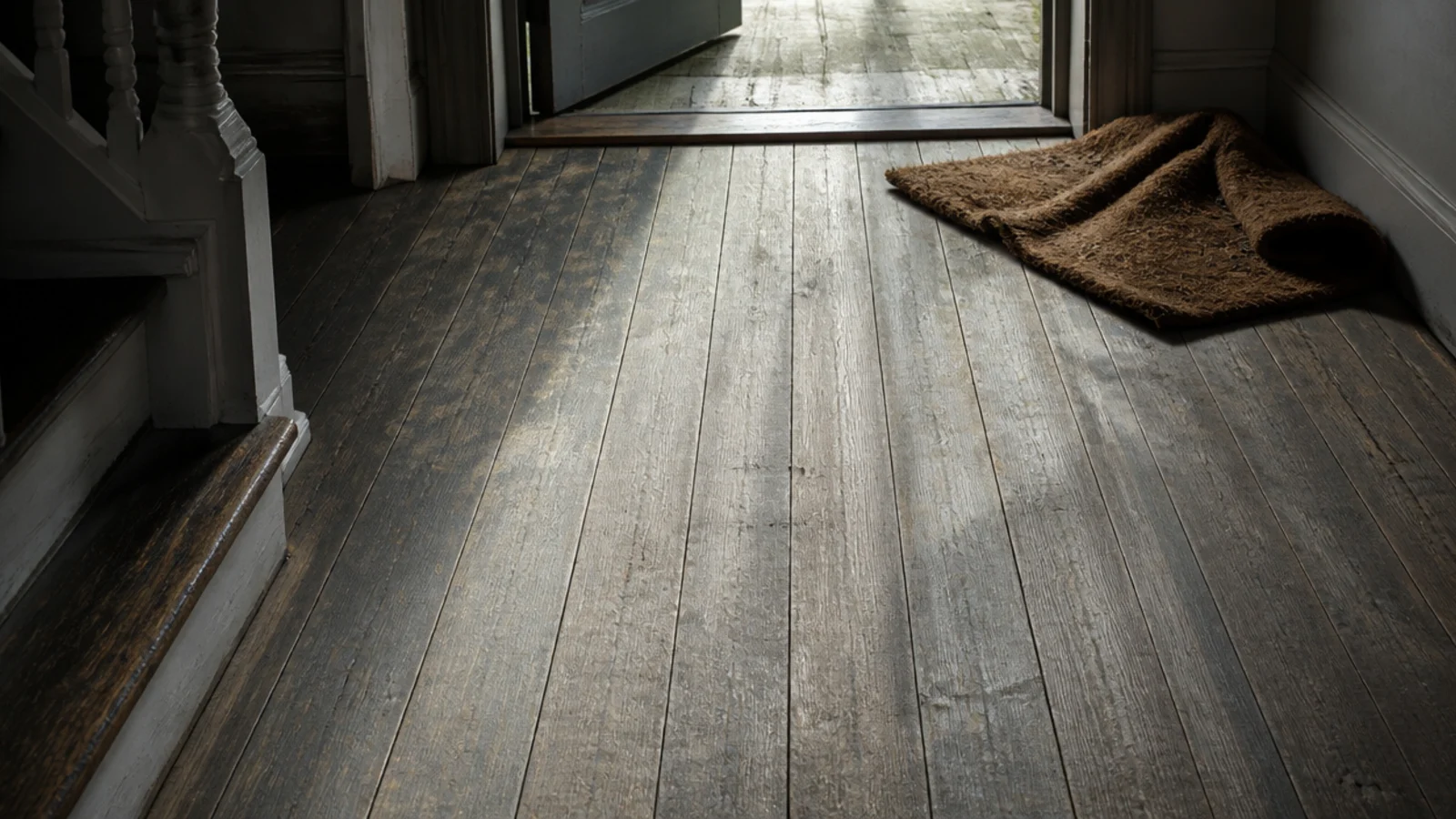 grey stained pine floor showing pale wear lanes near a doorway