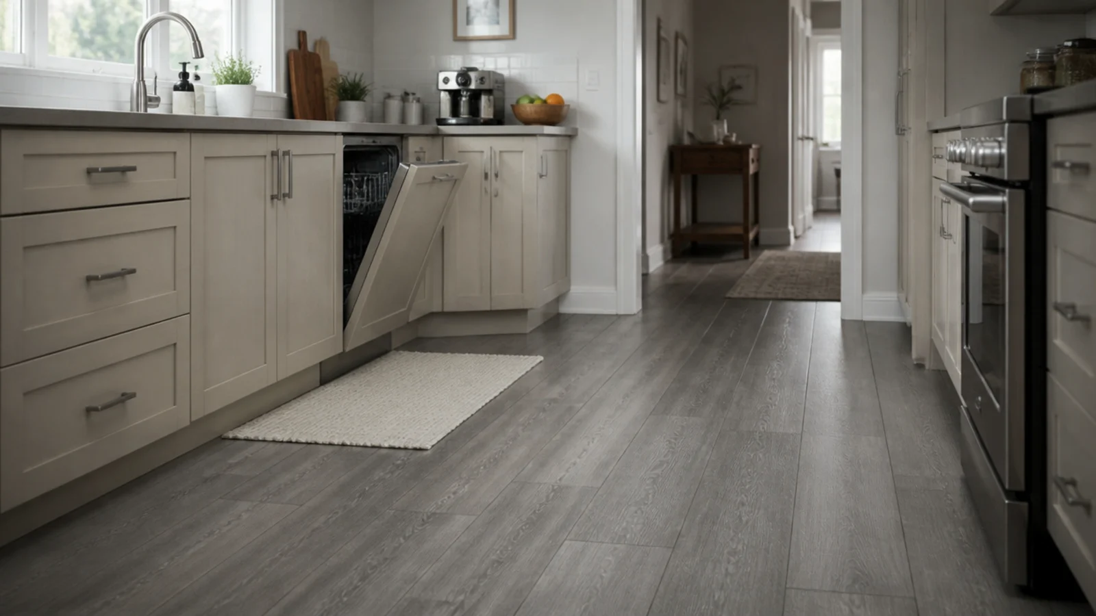 cool grey vinyl planks in a working kitchen beside pale cabinets