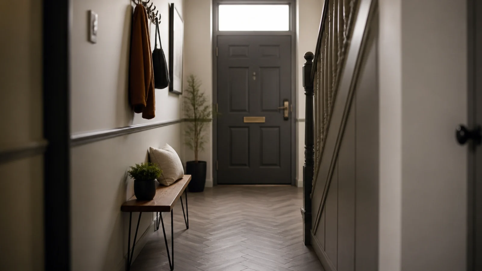 small grey herringbone blocks filling a narrow two metre hallway