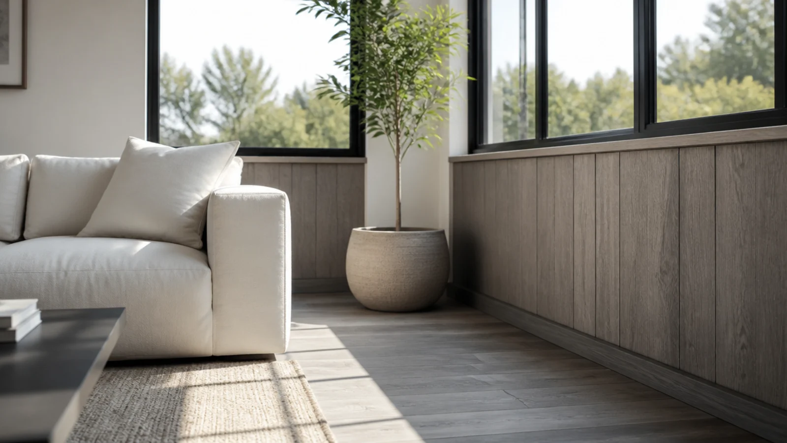grey boards below slim black framed windows in a bright room