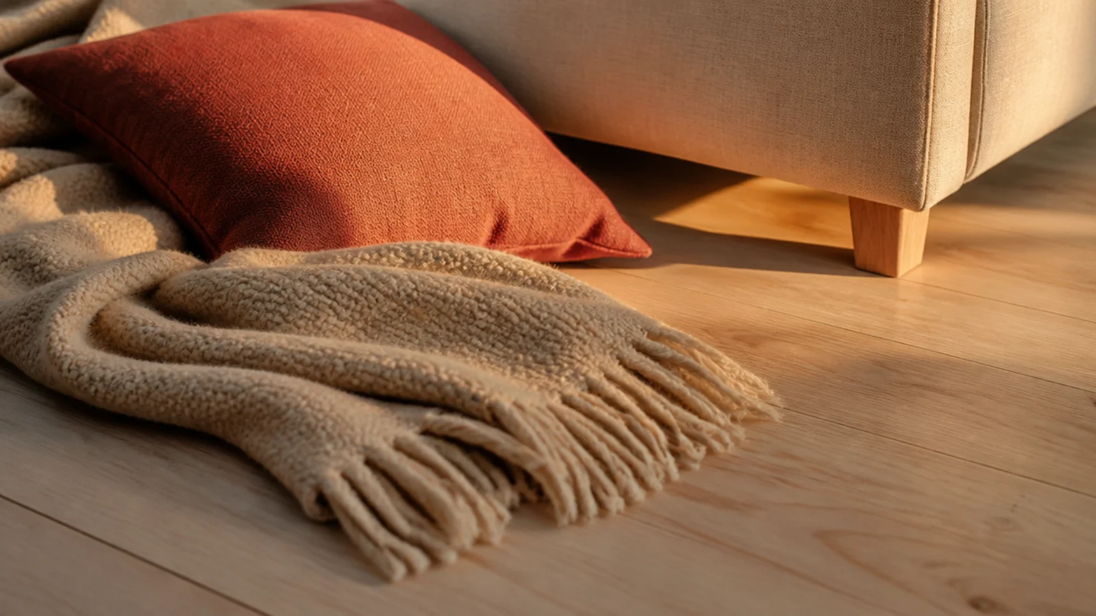 oatmeal wool throw and terracotta cushion on a pale timber floor