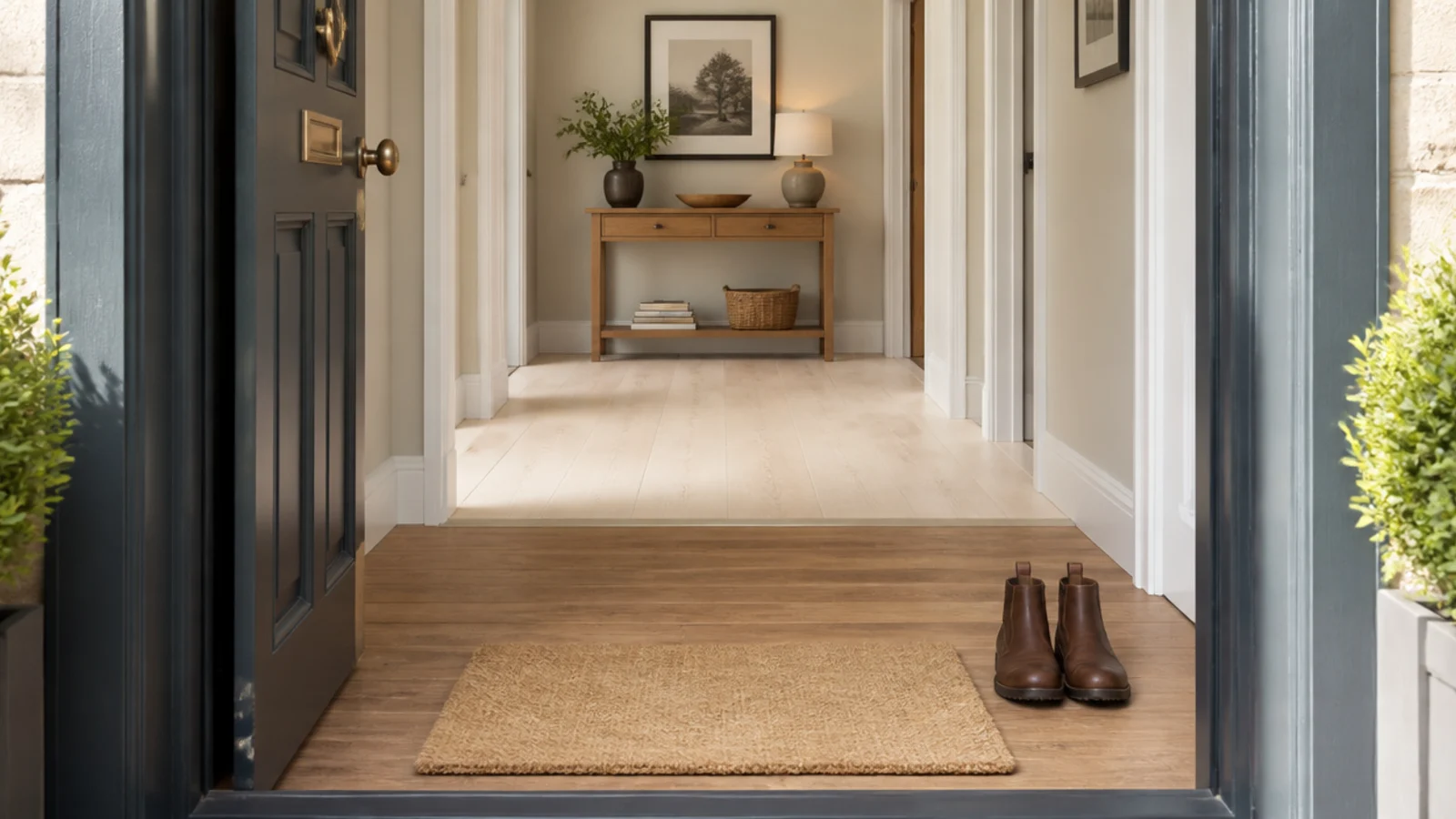 mid tone timber inside a front door meeting paler boards beyond