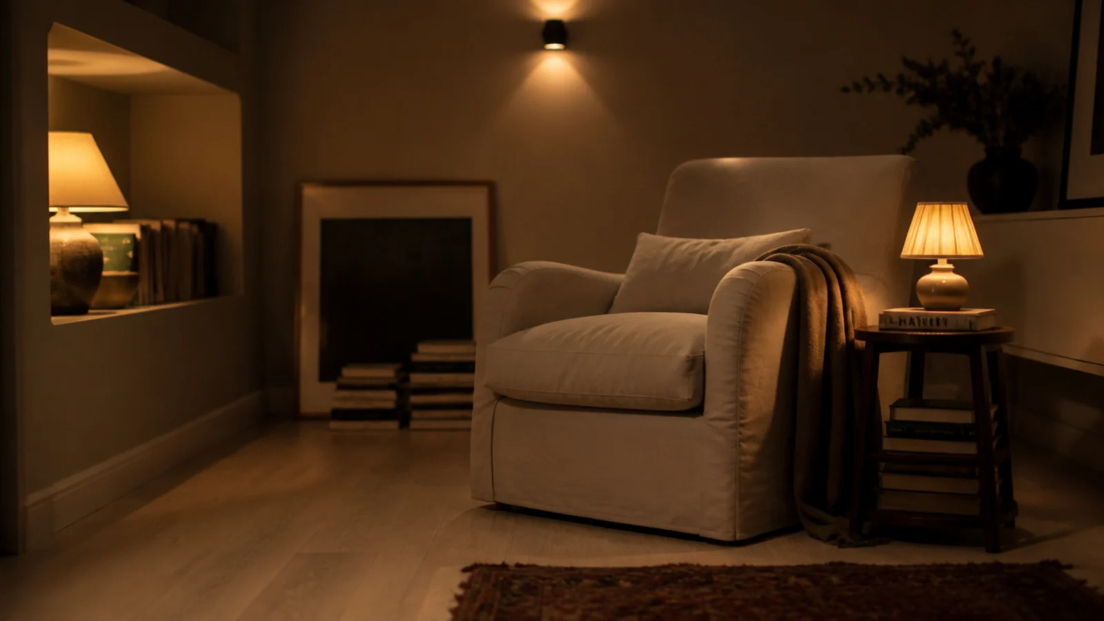 pale timber floor in a lower ground room lit by warm lamplight