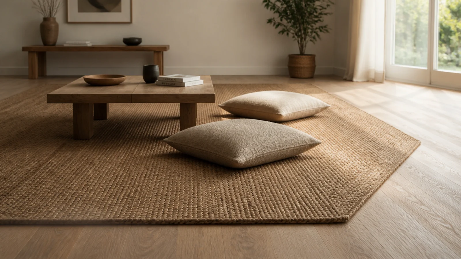 large jute rug laid over pale oak leaving a border of bare timber