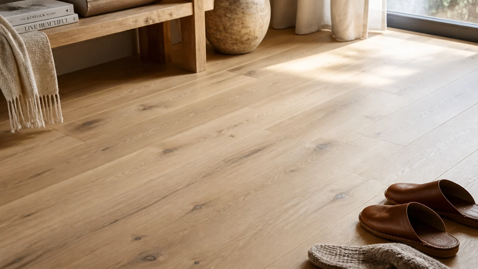 pale oak with sound knots and colour variation across a bright floor