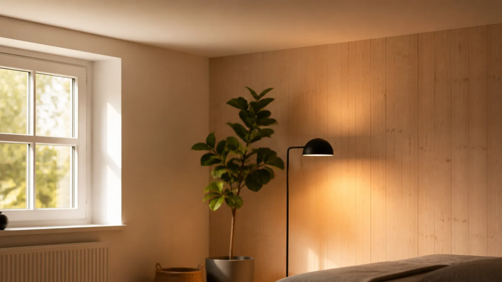 warm white ceiling above pale boards with soft light between them