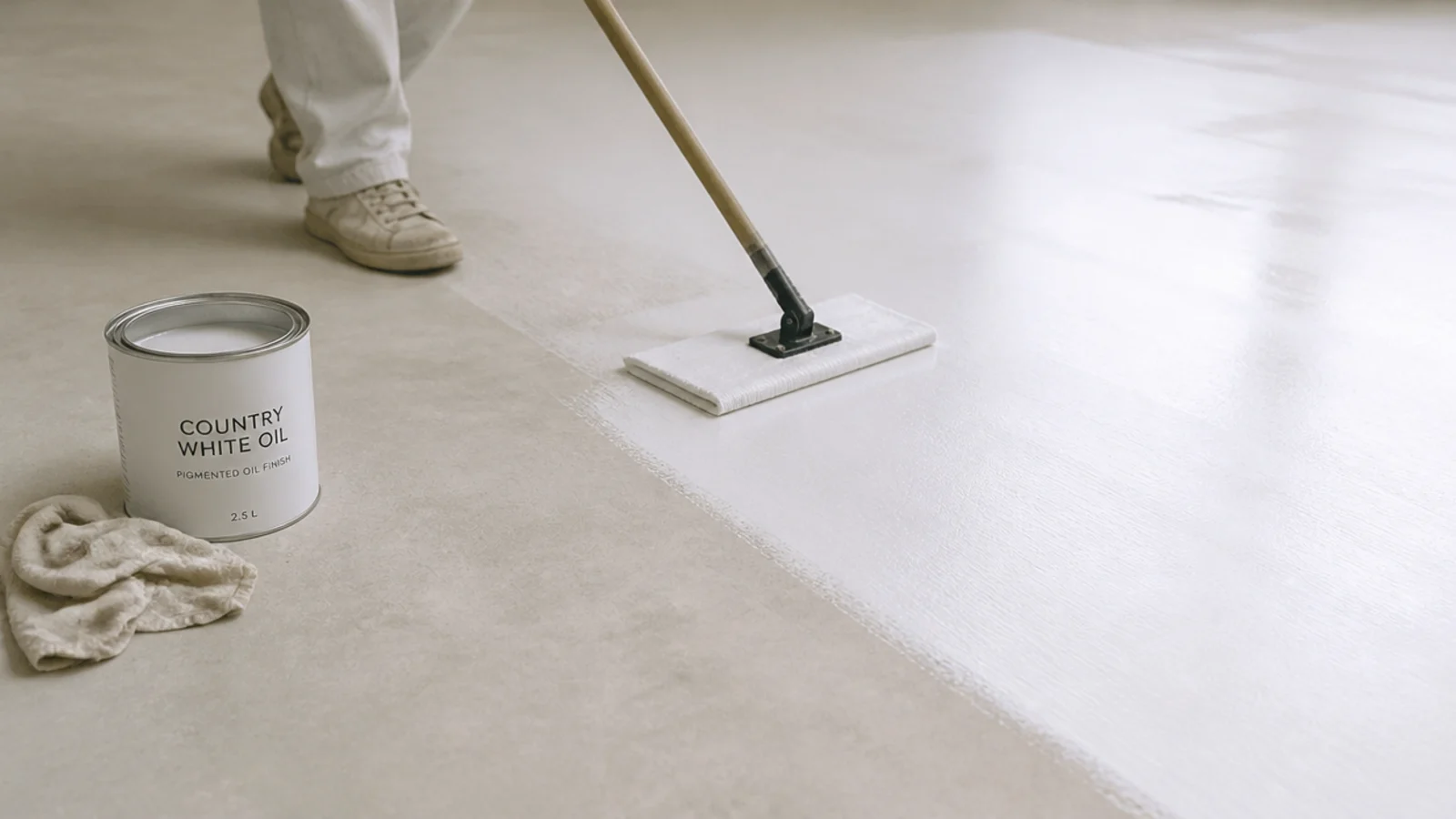white oil being reapplied to a pale floor with a flat applicator pad
