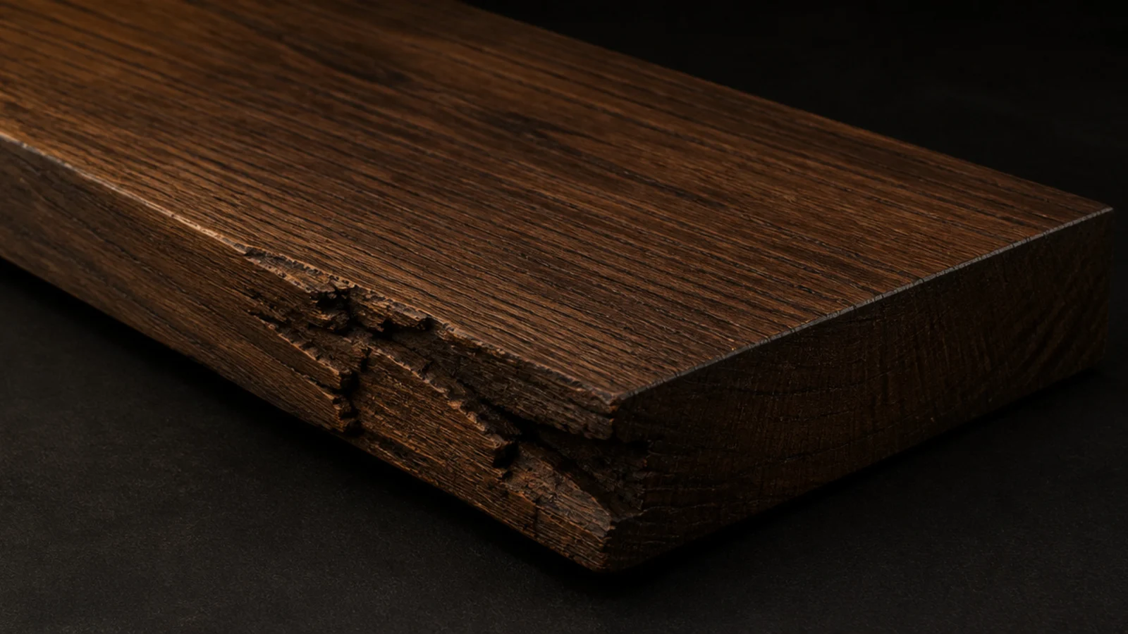 fumed oak board with a chipped edge showing colour carried right through