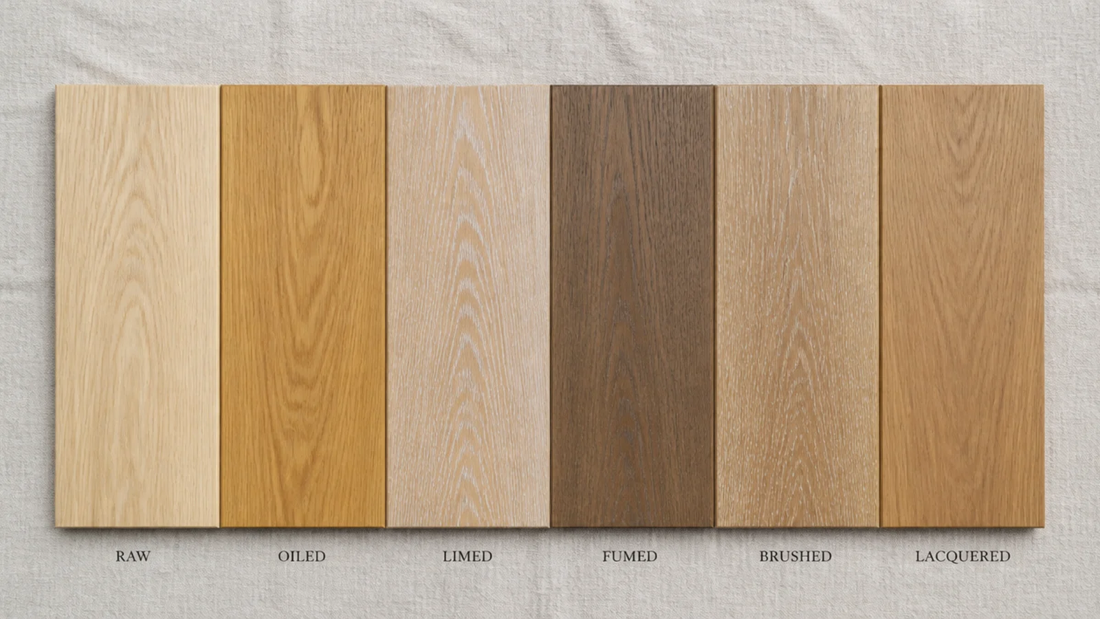 oak wooden flooring samples in six finishes laid out for comparison