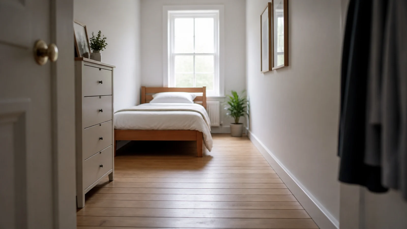 floorboards running across the width of a long narrow bedroom