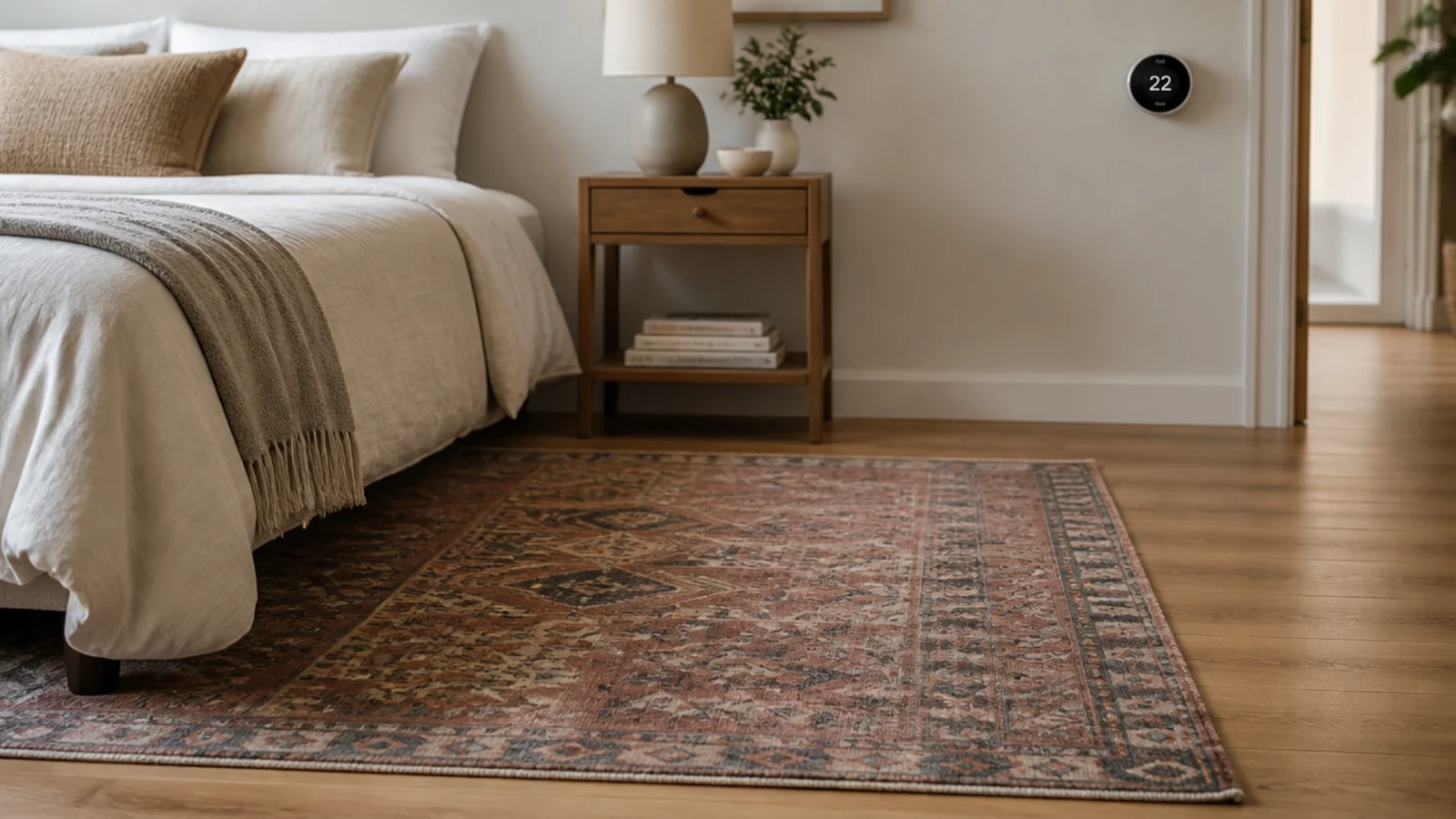 thin flatweave rug over a heated bedroom floor beside a bed