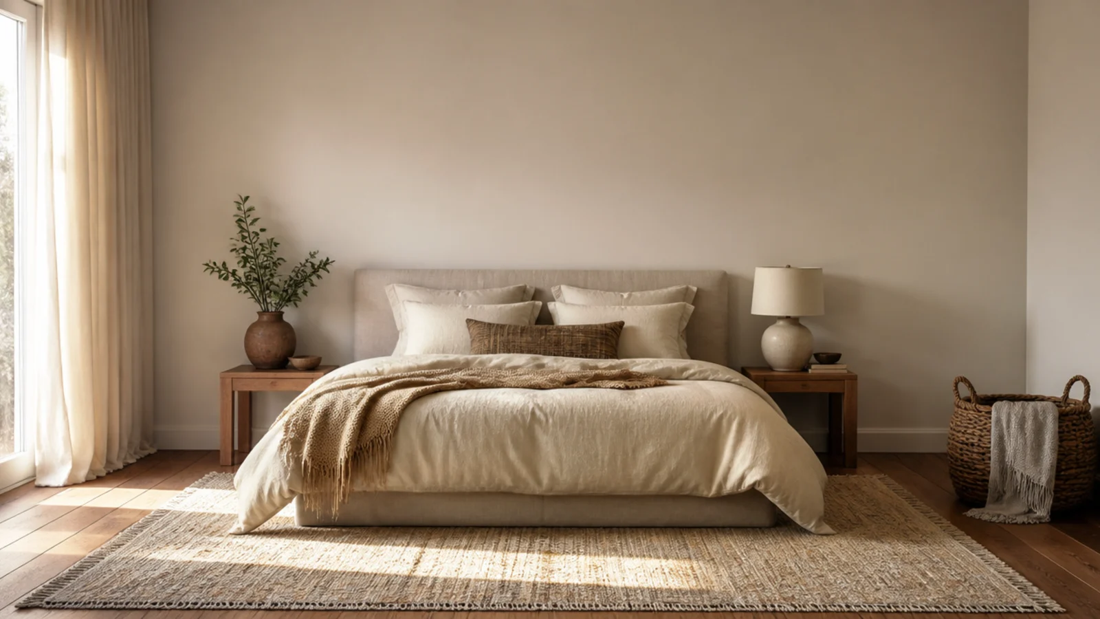tall bedroom view of oak flooring a wool rug and low linen bed