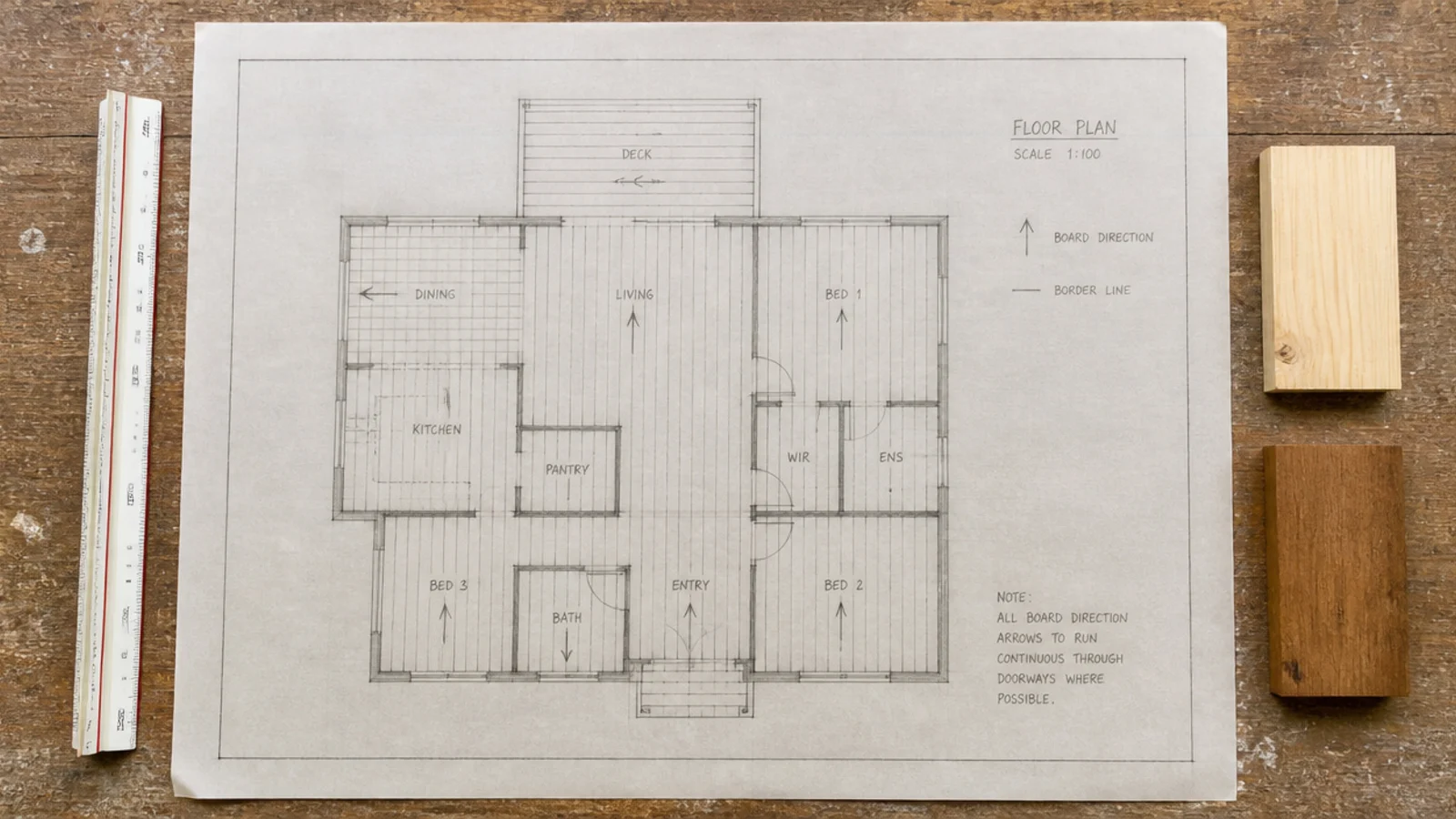 floor plan sketch with board direction and border lines drawn in pencil