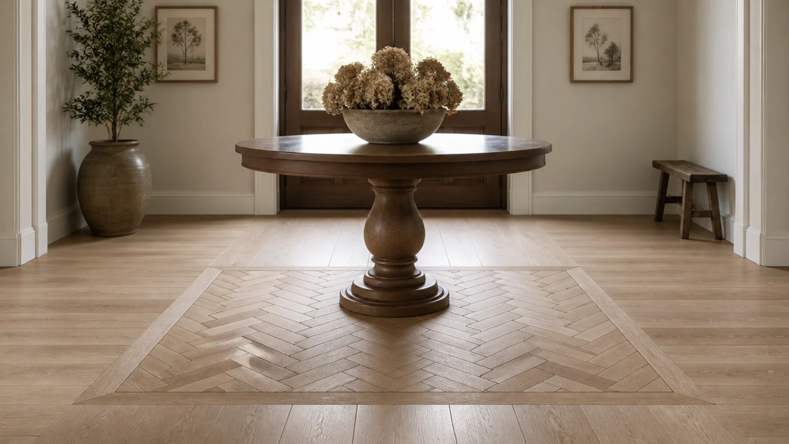 square herringbone panel set into a straight laid oak floor