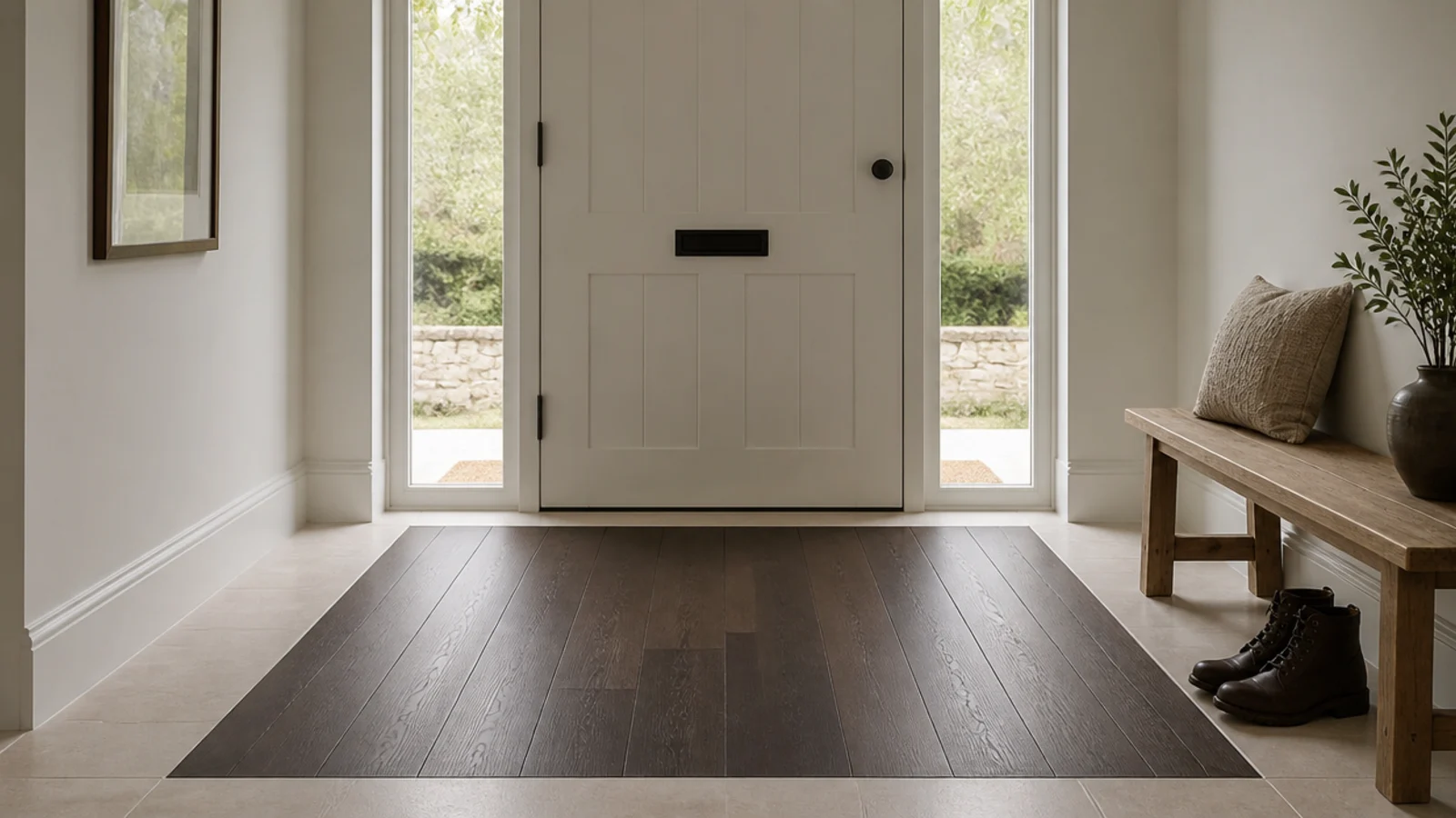 dark timber rectangle laid inside a hallway where shoes come off