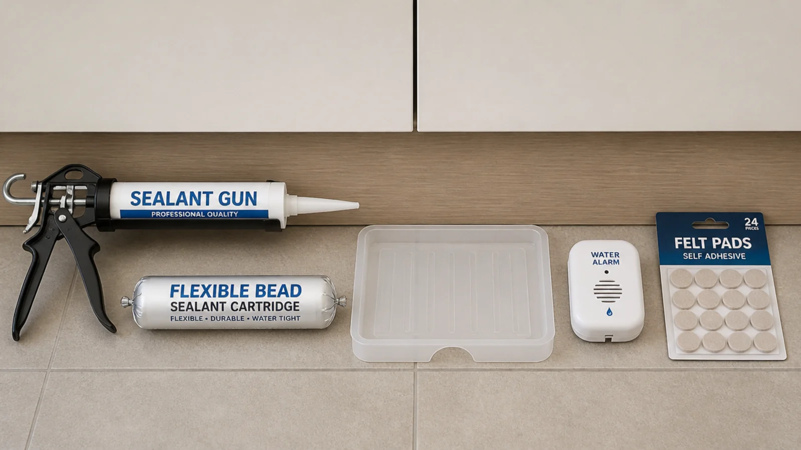 sealant gun leak tray and water alarm laid out on a kitchen floor