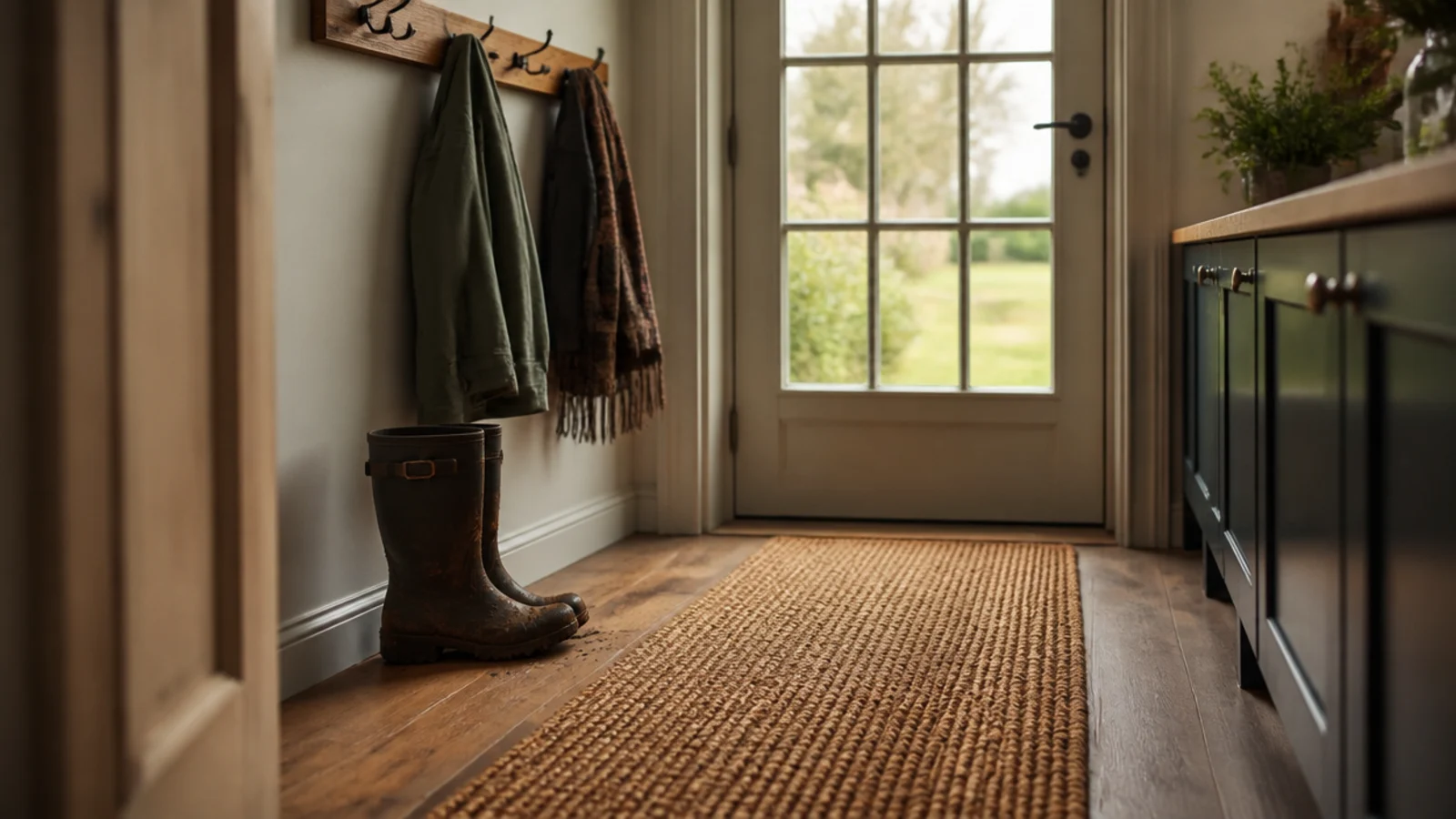 coir mat inside a kitchen back door on timber flooring
