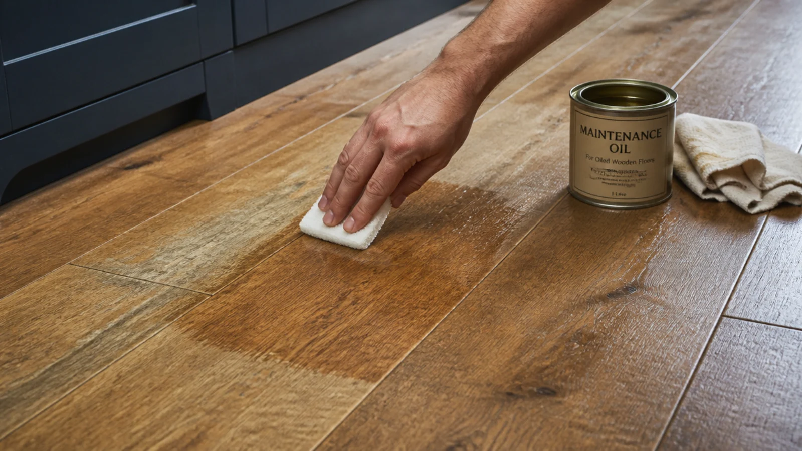 maintenance oil being worked into a worn patch of kitchen flooring