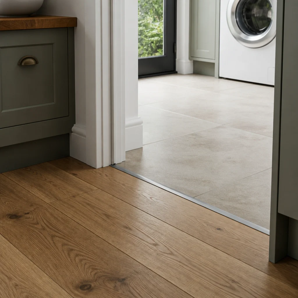 timber kitchen boards meeting porcelain tile at a utility doorway