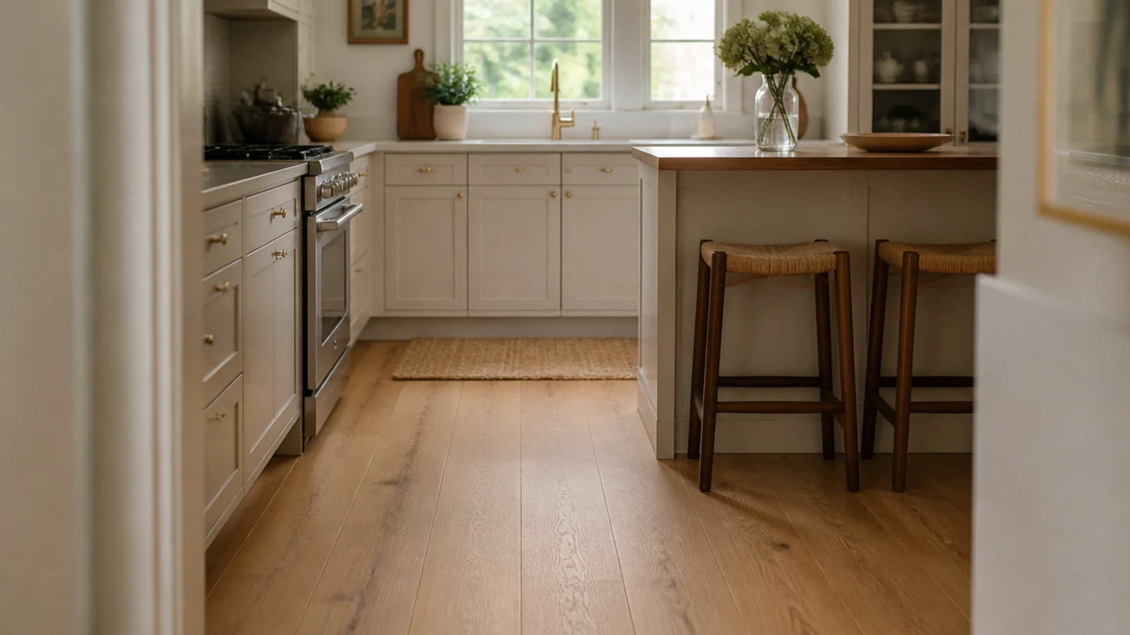 wooden flooring in a kitchen running past pale cabinets and an island