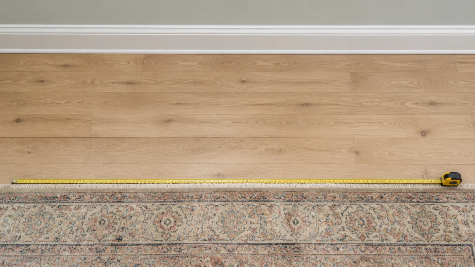 wide band of bare oak boards between a rug edge and the skirting