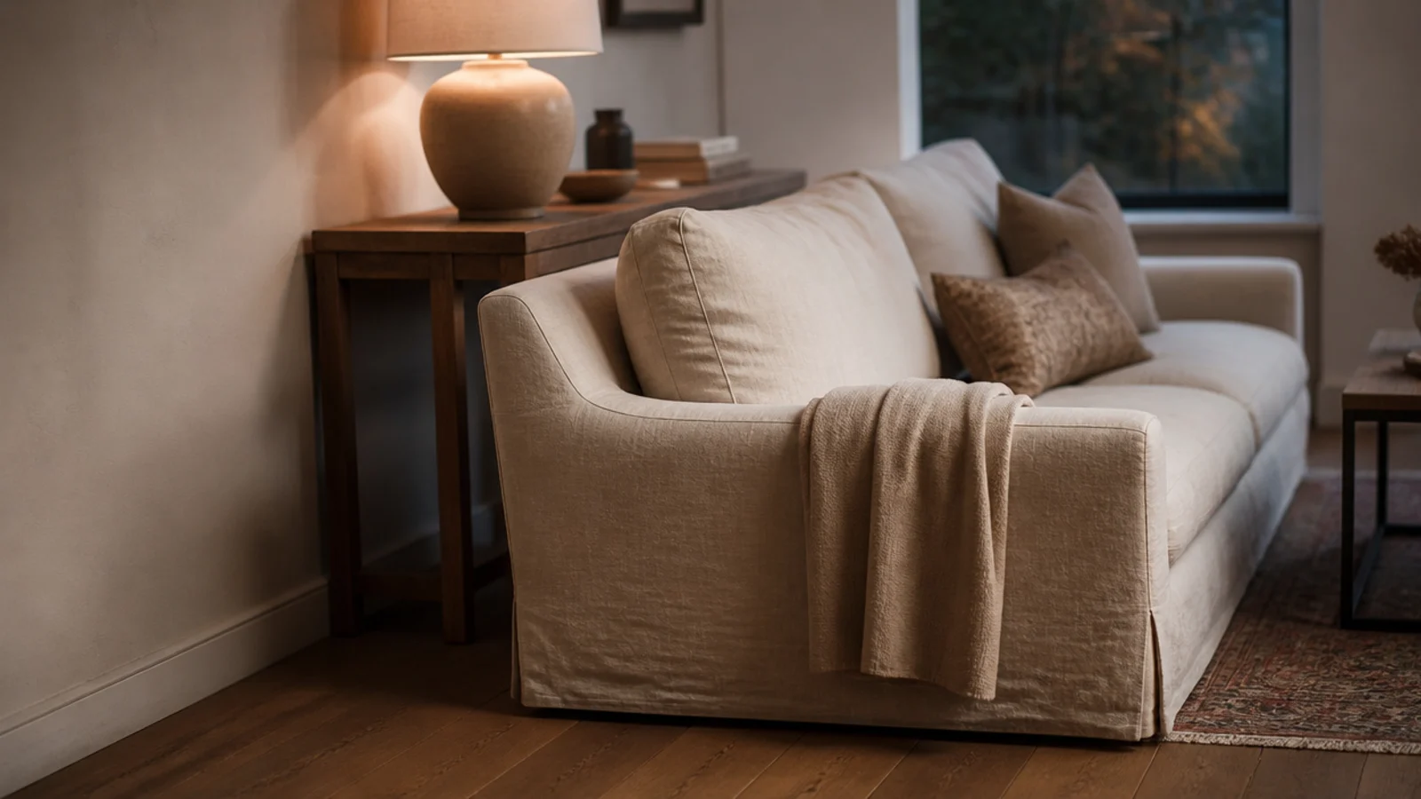 sofa standing a hand width away from a wall on oak boards