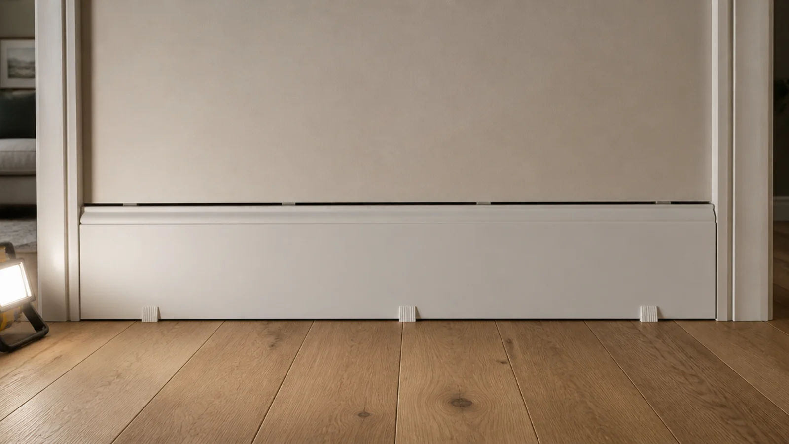 tall skirting board covering the expansion gap along a living room wall