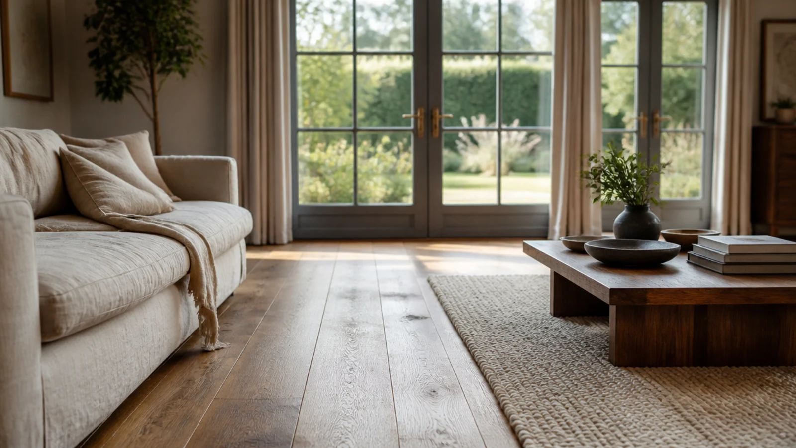 wooden flooring in a living room running toward tall glazed garden doors