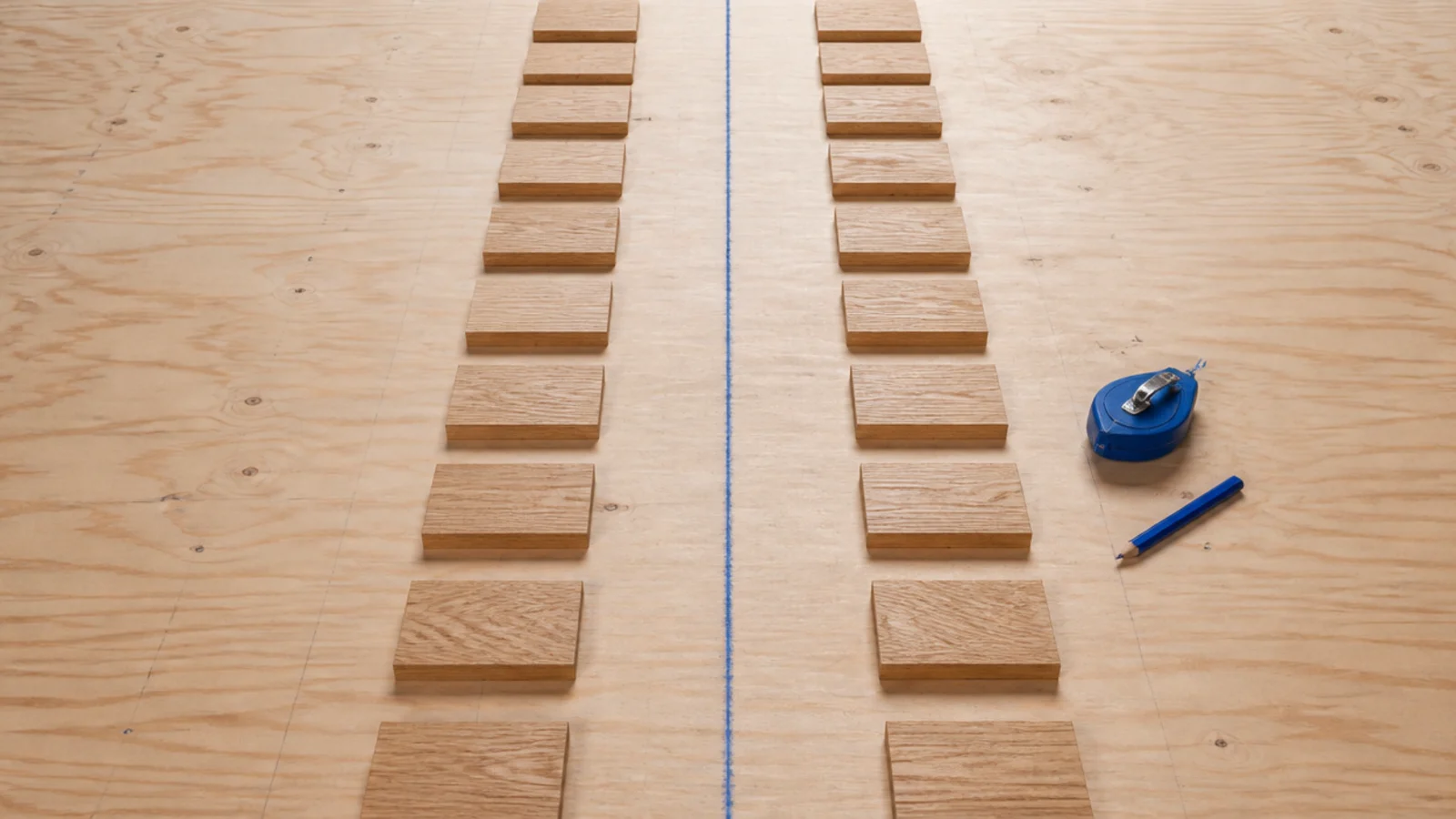 chalk centre line snapped across a bare subfloor with blocks dry laid