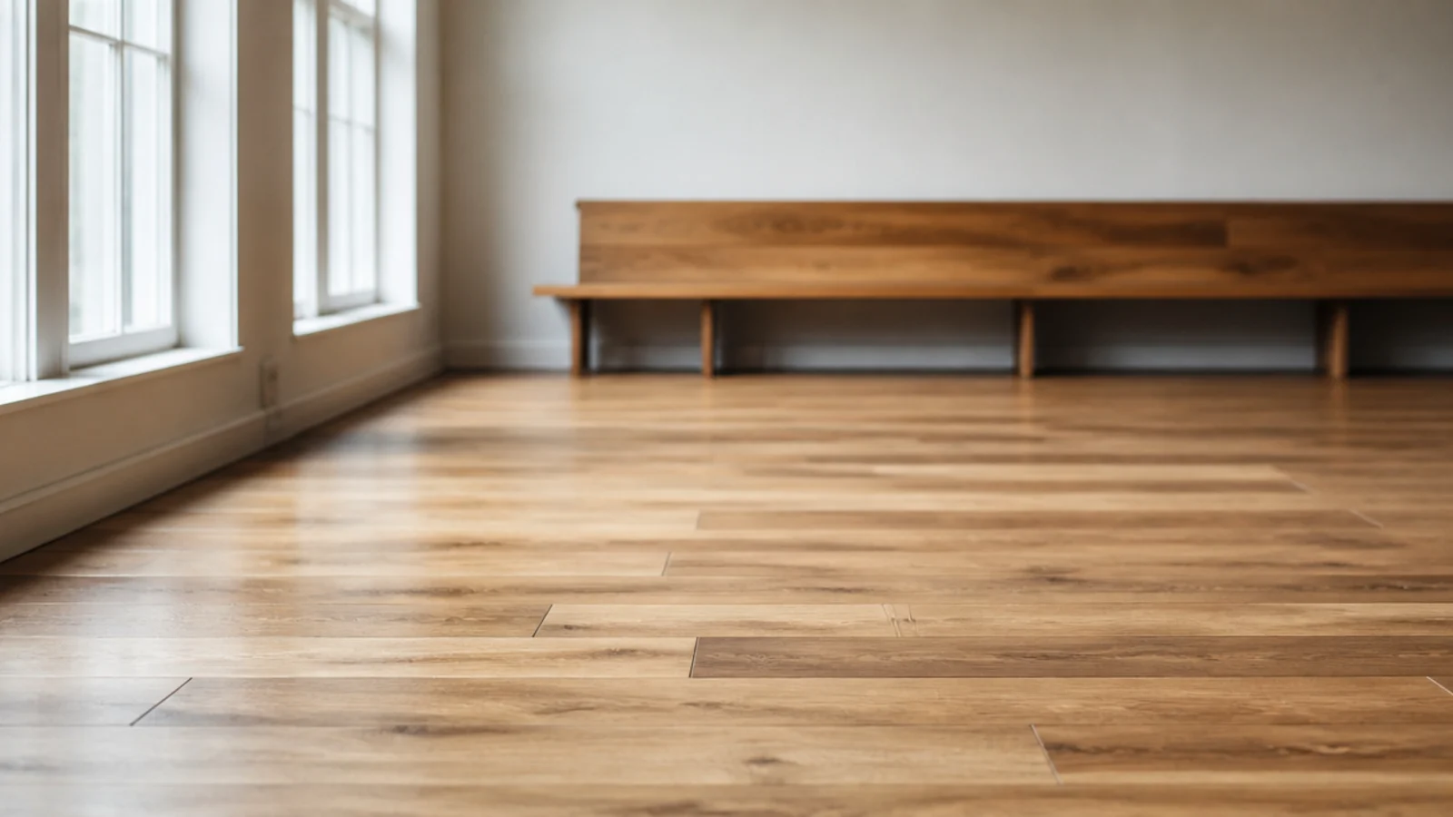 plain oak boards staggered by a third across a wide open floor