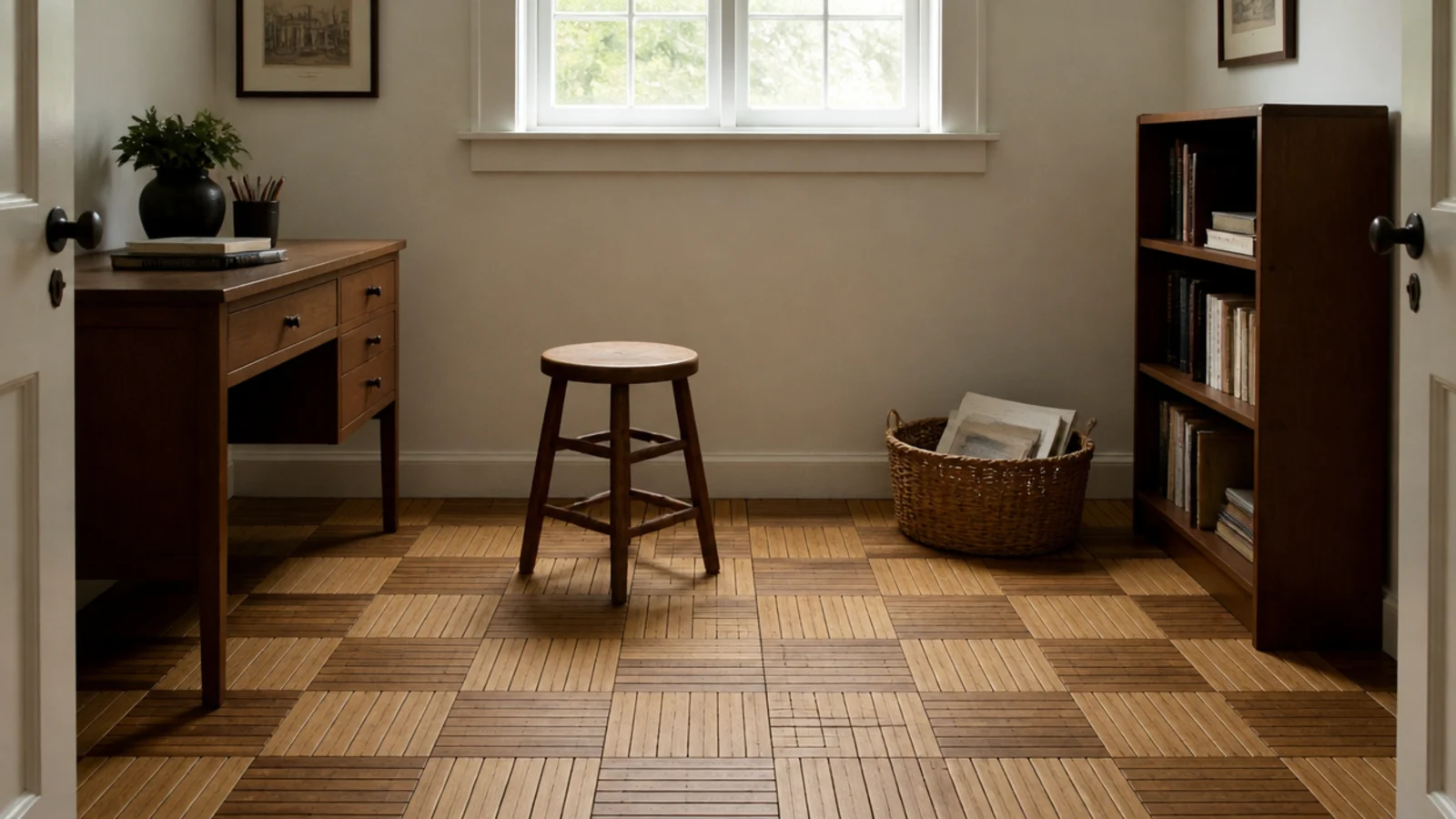 small finger parquet fingers grouped into squares across a compact floor