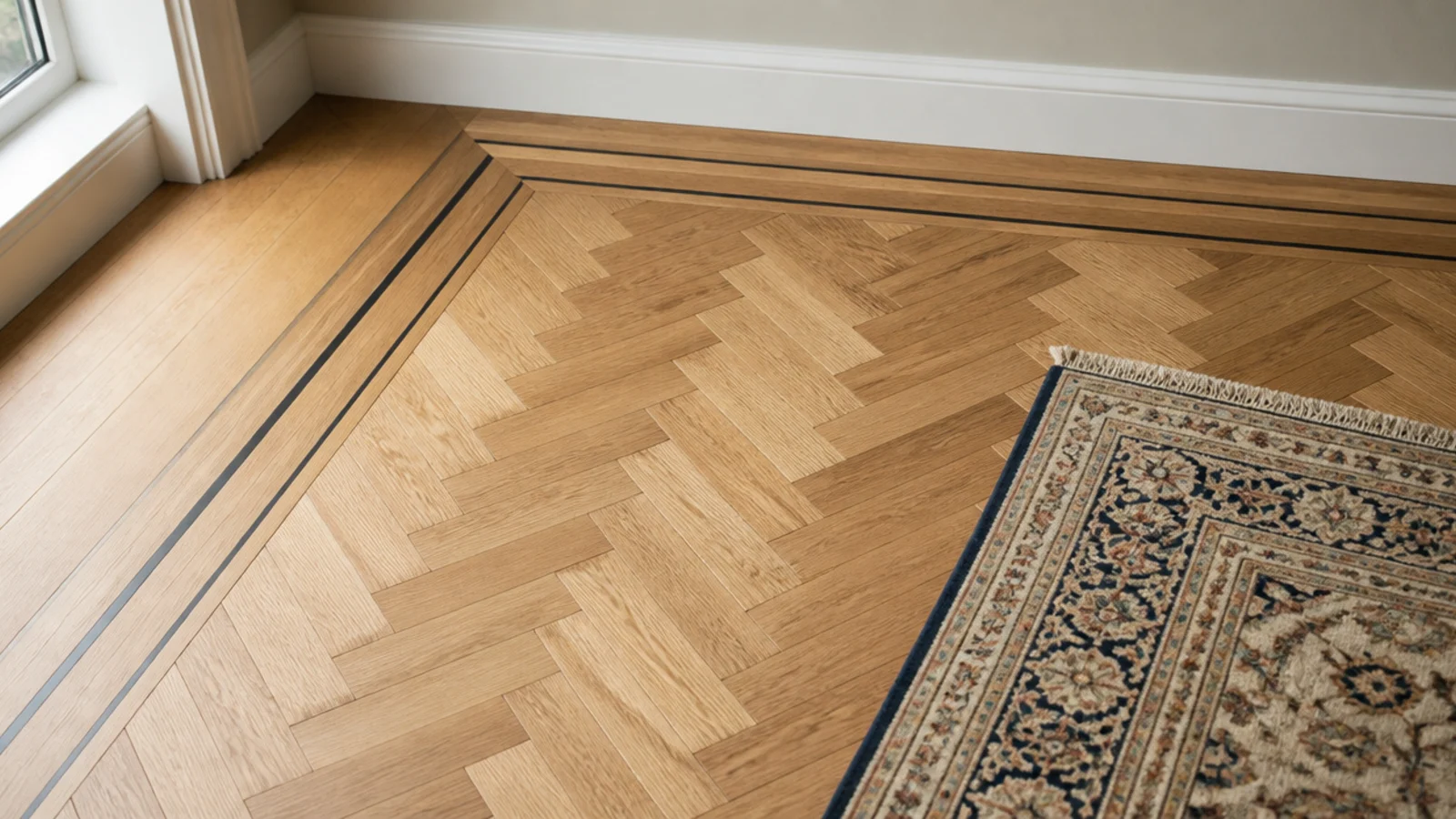 herringbone field enclosed by two border bands around a room edge