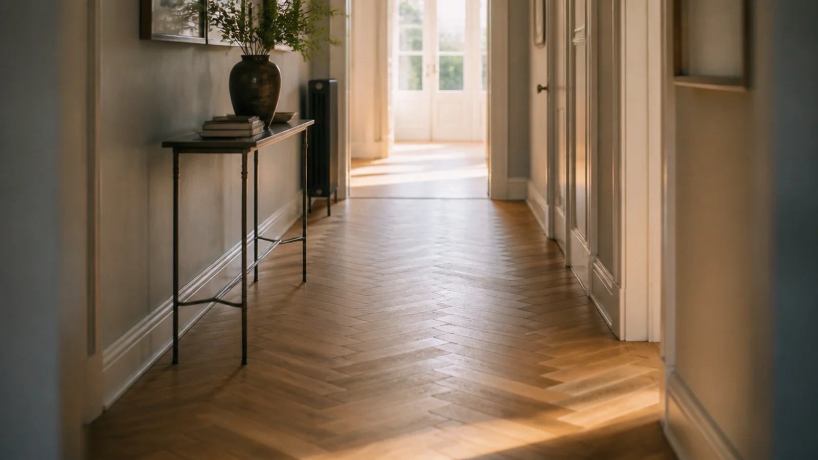 oak herringbone wooden flooring pattern running away toward a bright doorway