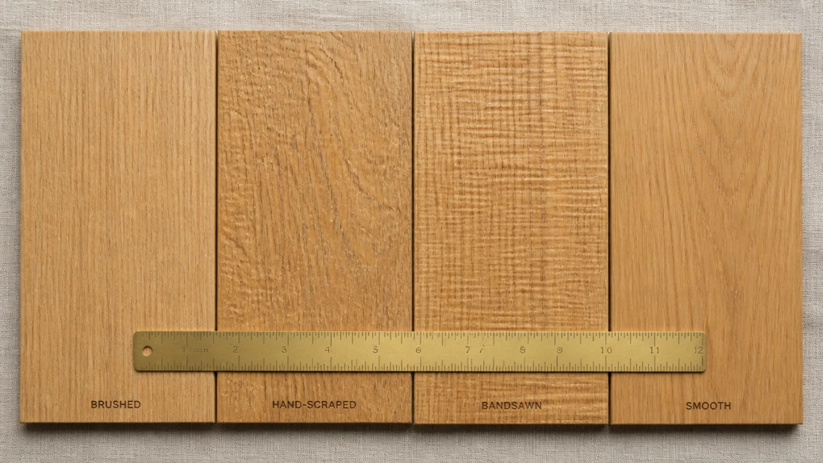 four oak samples showing brushed scraped sawn and smooth surfaces together
